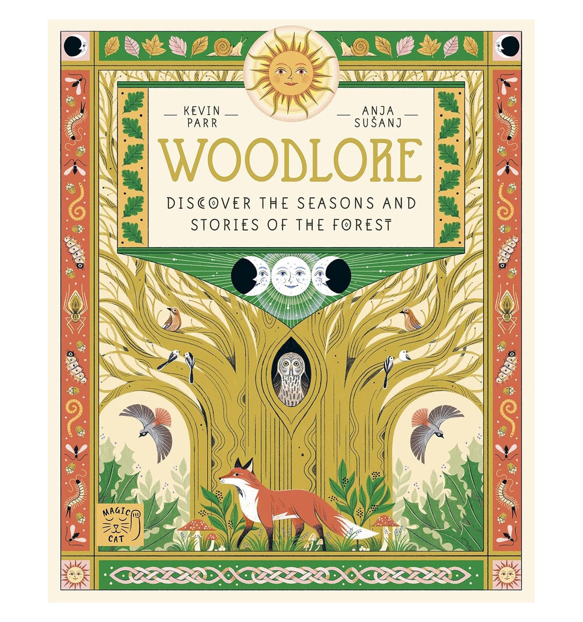 Book cover: "Woodlore" with an intricate forest illustration featuring a sun, owl, fox, birds, and moon phases.
