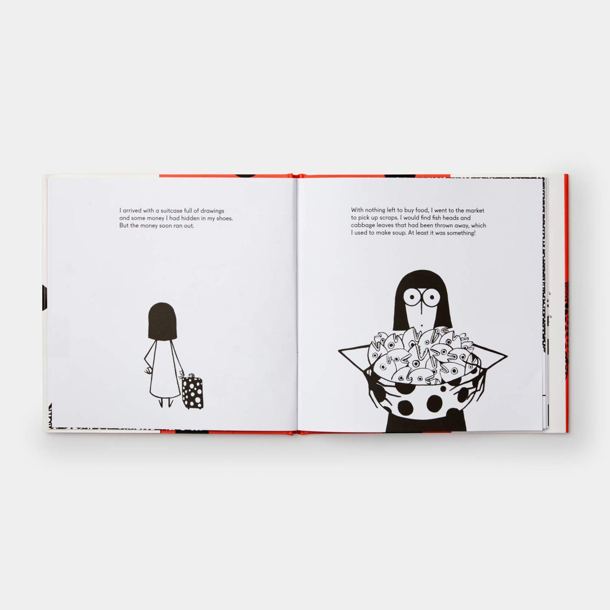 Illustrated book spread showing Yayoi Kusama with a polka-dot suitcase and holding a bowl of fish heads.