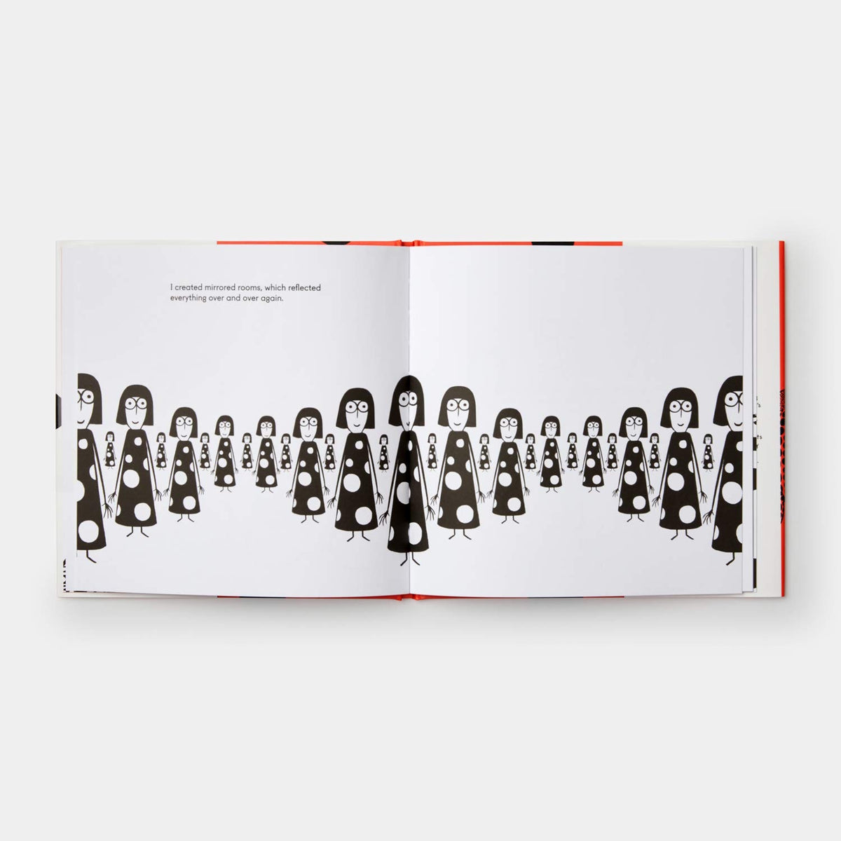 Illustrated book spread depicting repeated reflections of Yayoi Kusama in a mirrored room.