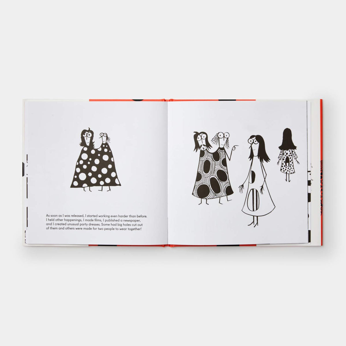 Illustrated book spread depicting figures wearing Yayoi Kusama's unique polka-dot dress designs.