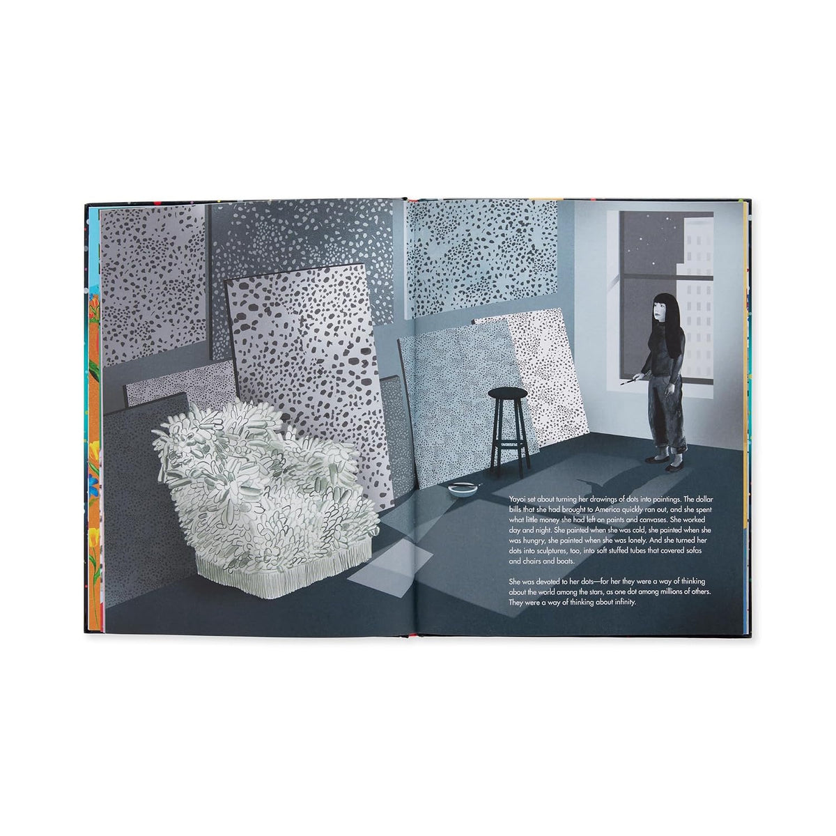 Illustrated book spread showing Yayoi Kusama standing in a room filled with dot-patterned canvases.