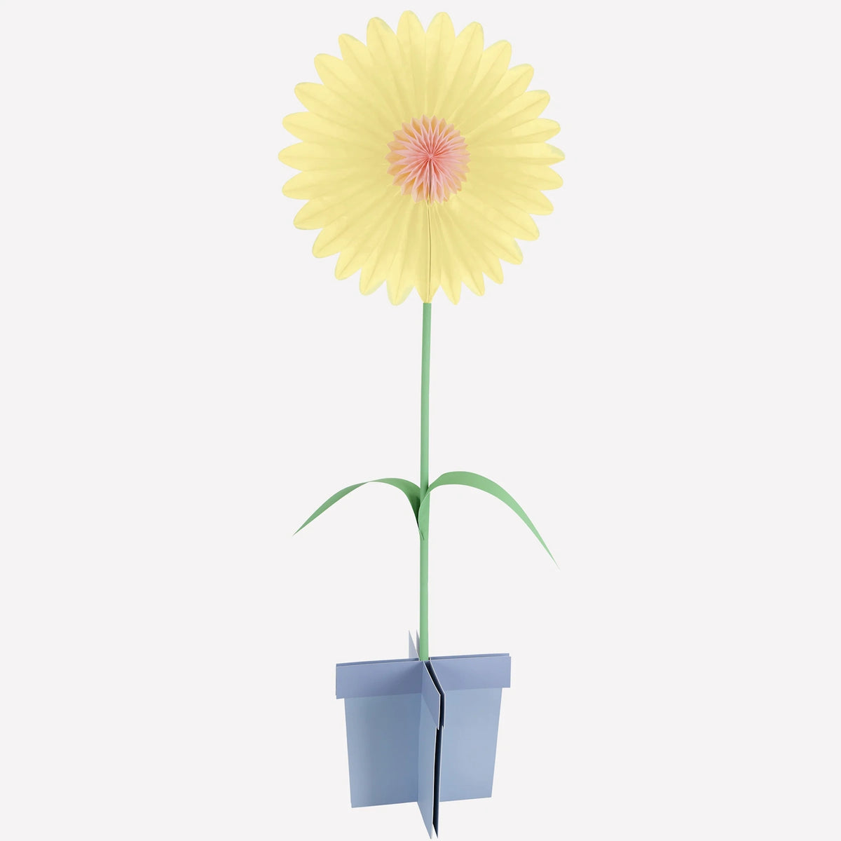 A stand-up paper flower decoration with yellow petals, a pink center, and a blue base stand.