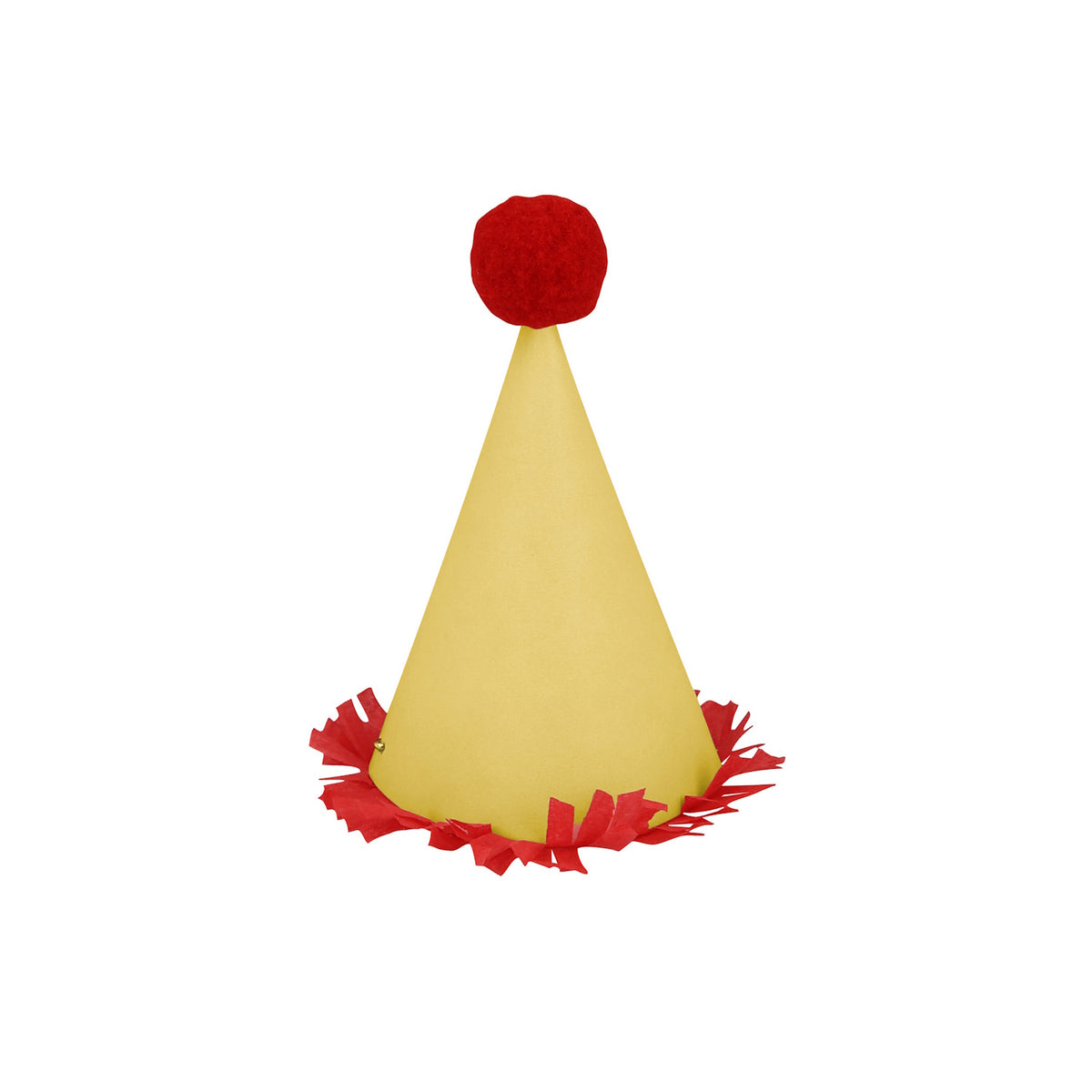 Yellow mini party hat with a red pom-pom topper and red fringe trim, ideal for birthdays and festive celebrations.