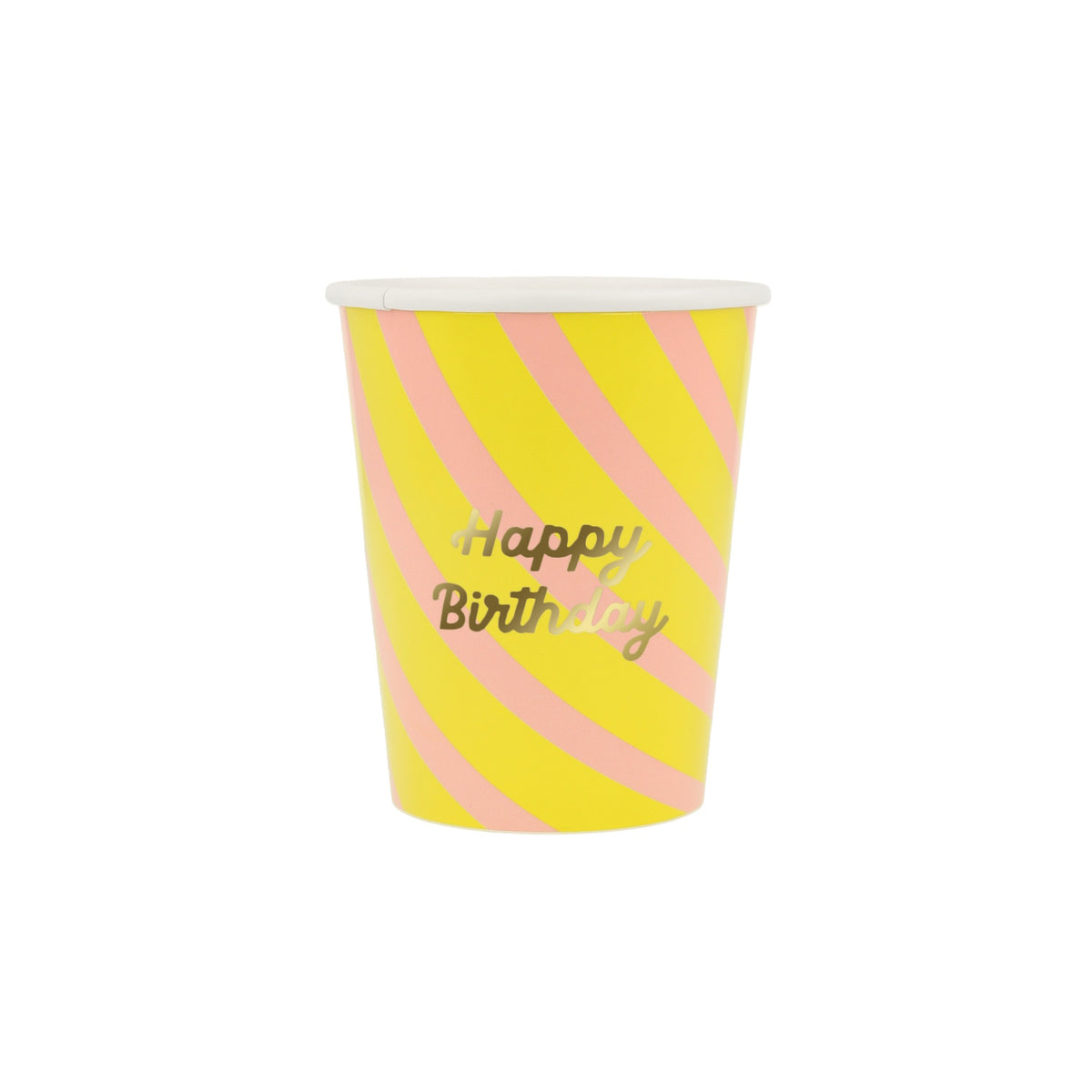 Yellow and pink striped paper cup with "Happy Birthday" written in gold script font.