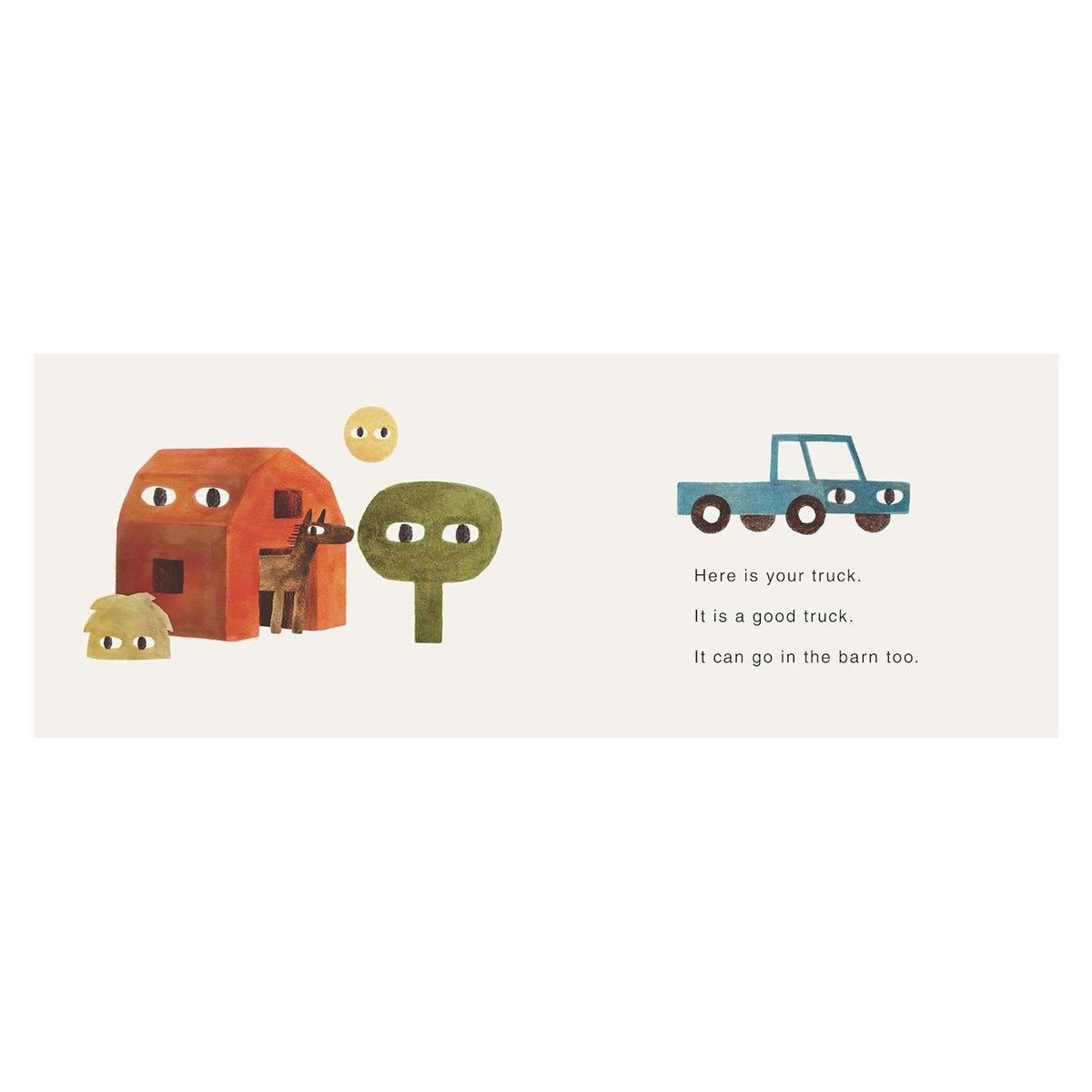 Children's board book page with a farm barn, tree, blue truck with eyes, and simple story text.