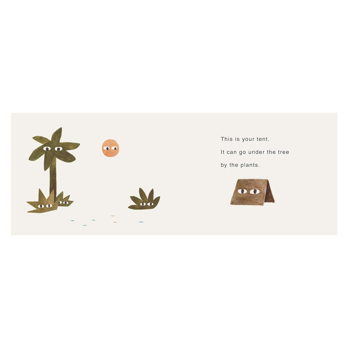 Children's book page showing a palm tree, sun, plants, and a brown tent, all with small cartoon eyes.