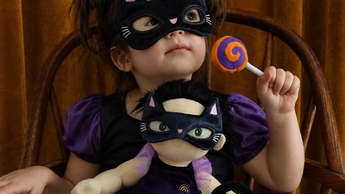girl dressed up as witch with halloween dinkum doll