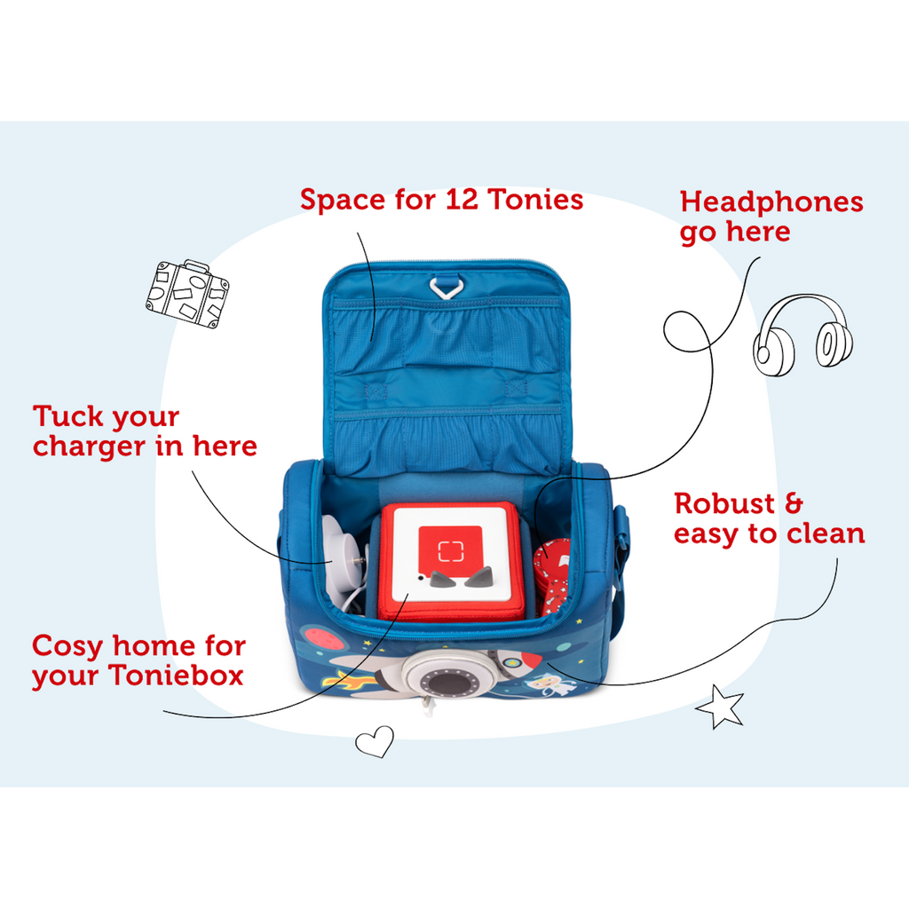 A blue children's bag featuring a rocket design, planets, stars, and an astronaut, perfect for young space enthusiasts in a white background.