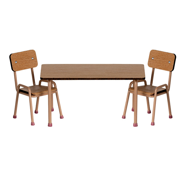 Complete Maileg table and chair set in dark powder, showcasing its elegant miniature design