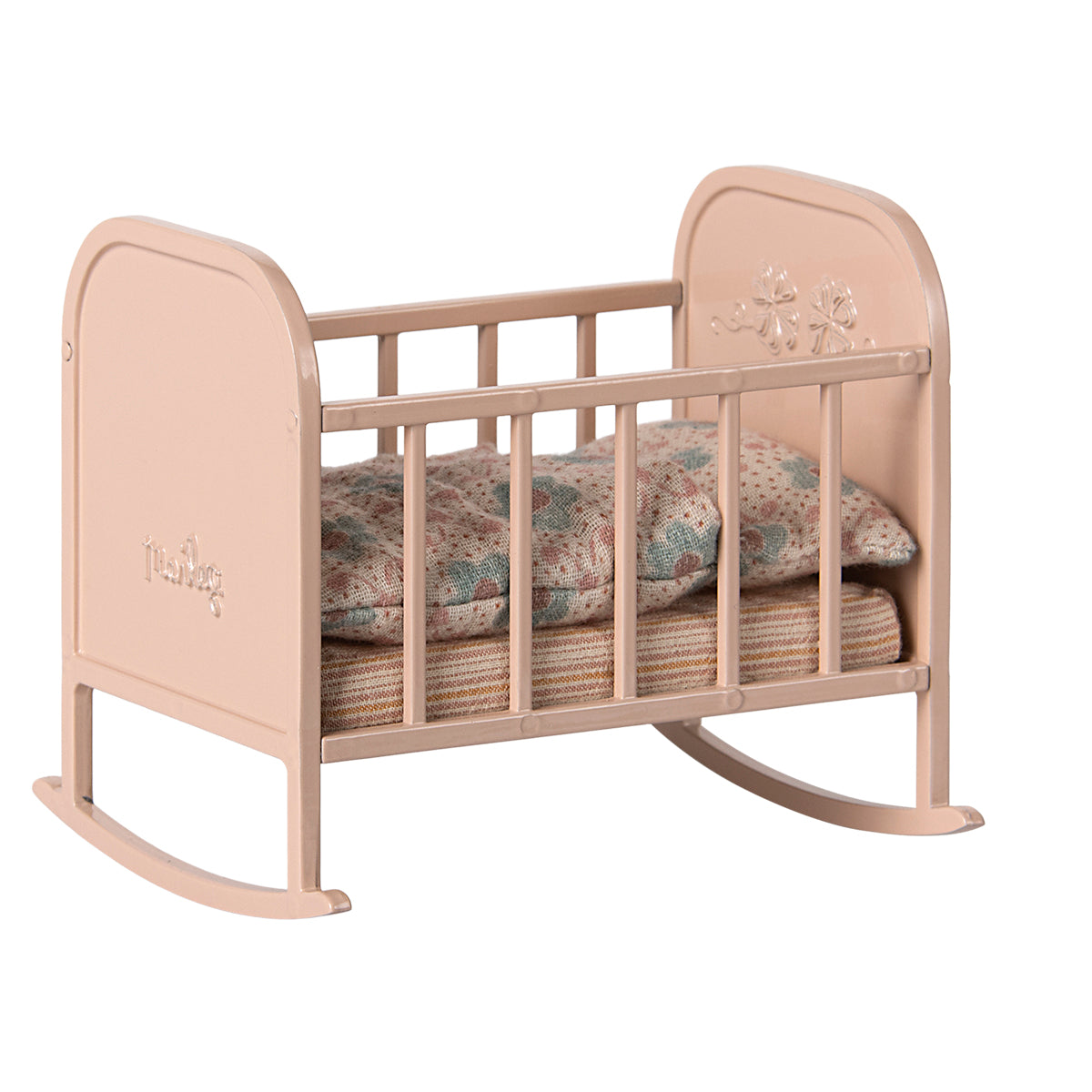 Maileg cradle in light rose for My-sized mice, complete with floral bedding.