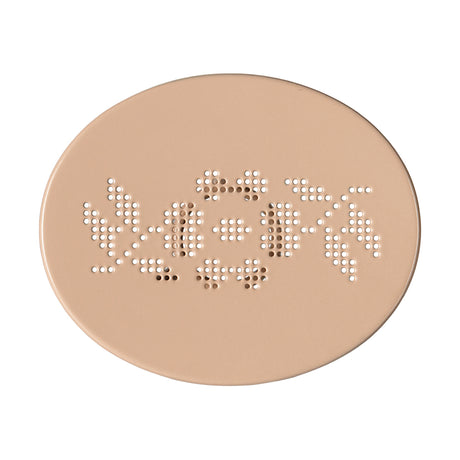 A top-down view of the Maileg oval café table in pale pink, showcasing its intricate hole-punched floral pattern.
