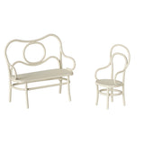 A beautifully designed Maileg miniature bench and chair in off white, perfect for pairing with the café table to create a cosy seating arrangement for Maileg mice.
