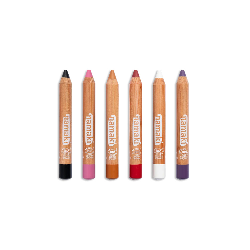 Namaki Worlds of Horrors face painting pencils – six organic colours including black, pink, orange, red, white, and purple.
