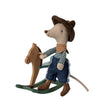 Maileg Cowboy Mouse with a rocking horse, showcasing its Western-style outfit