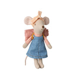 Maileg Big Sister Hiker Mouse wearing a denim dress and carrying a rolled pink sleeping bag