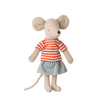 Maileg Mimie Big Sister Mouse out of packaging wearing a striped orange sweater and blue skirt