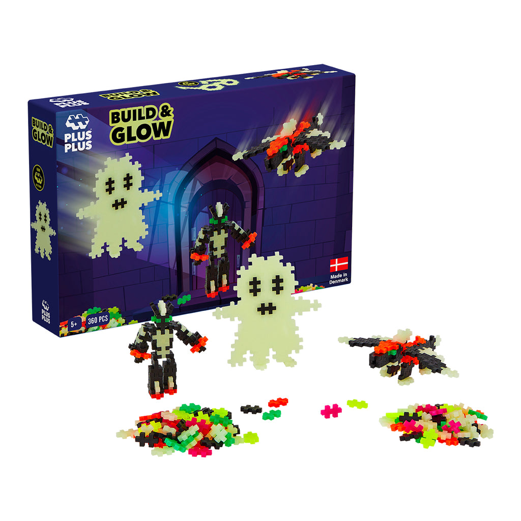 Plus-Plus Build & Glow 360-piece set with packaging and completed models, including a glow-in-the-dark ghost and robot.