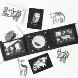 Black and white art cards with animal illustrations on a white background