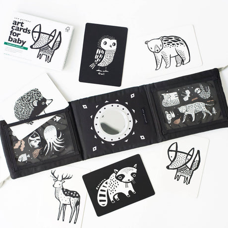 Black and white art cards with animal illustrations on a white background