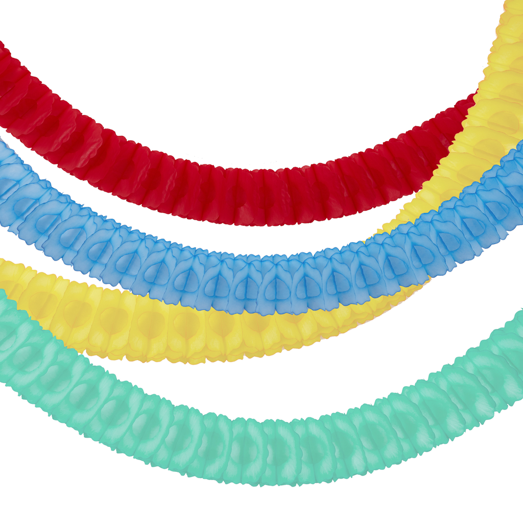 A set of four vibrant paper garlands with honeycomb decorations in bold colors, perfect for festive party decor.
