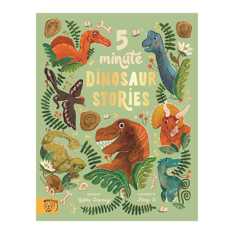 Cover of "5 Minute Dinosaur Stories" features colorful dinosaurs, fossils, leaves, and bones artfully arranged on a green background. Playful and engaging.