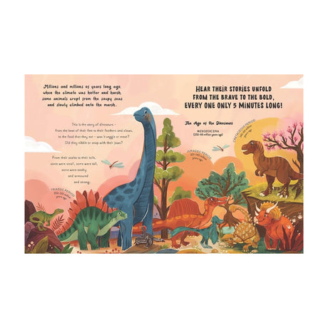 Illustration of various dinosaurs in a vibrant prehistoric landscape. Large text describes the Age of Dinosaurs. Trees and a pink sky set a lively tone.
