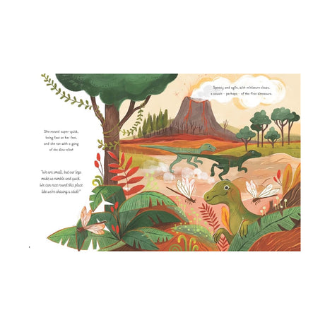 Colorful illustration of small, green dinosaurs running near a volcano with lush plants and trees. Insects buzz around, conveying a lively prehistoric scene.