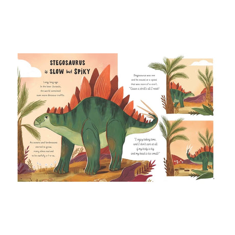 Illustrated page featuring a Stegosaurus amidst palm trees under an orange sky. The text highlights the dinosaur's slowness and spiky appearance.