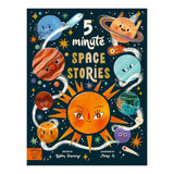 Colorful children's book cover titled "5 Minute Space Stories" featuring smiling planets and a sun with playful expressions, set against a starry space background.