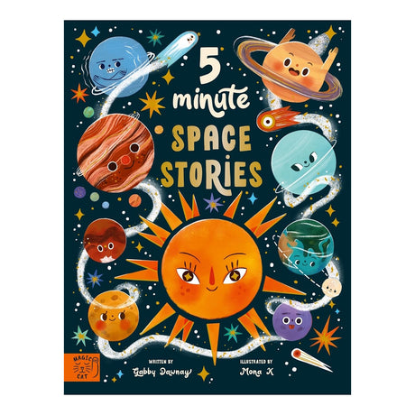 Colorful children's book cover titled "5 Minute Space Stories" featuring smiling planets and a sun with playful expressions, set against a starry space background.