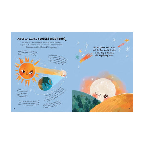 Illustrated book page about the Moon, with a smiling Sun, the Earth, and the Moon with faces. Text describes the Moon's orbit. Playful and educational tone.