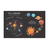 Illustrated solar system with planets orbiting a smiling sun. Each planet has a face and is labeled. Text describes solar system facts, conveying a playful tone.
