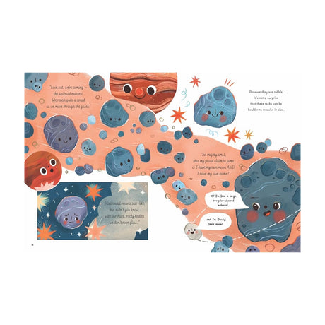 Illustration of smiling, animated asteroids with eyes in a colorful space scene. Features dialogue bubbles and stars, conveying a playful, educational tone.