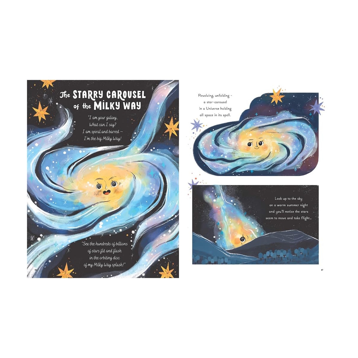 Illustrated pages showing a friendly, smiling Milky Way galaxy with swirling stars and bright colors. Text describes the galaxy's spiral form and starry allure.