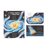 Illustrated pages showing a friendly, smiling Milky Way galaxy with swirling stars and bright colors. Text describes the galaxy's spiral form and starry allure.