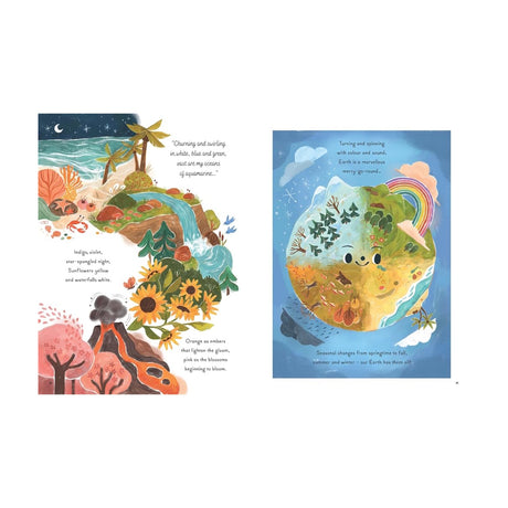 Two illustrated pages. Left features a vibrant landscape with ocean, palm trees, mountains, sunflowers, waterfall, and volcano, under a starry night. Right shows a smiling Earth with diverse ecosystems, clouds, and a rainbow, depicting seasonal change from spring to fall. Emphasizes nature's beauty and color.