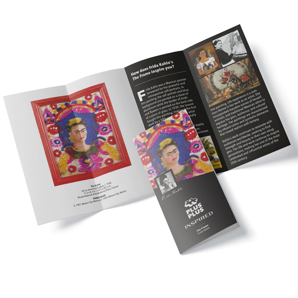 A folded brochure featuring information about Frida Kahlo and her artwork, designed as part of the Plus-Plus Inspired collection.
