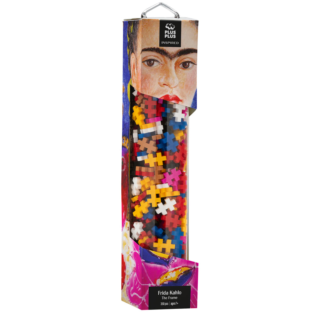 A tall, transparent Plus-Plus tube featuring Frida Kahlo's artwork and filled with colourful Plus-Plus pieces.