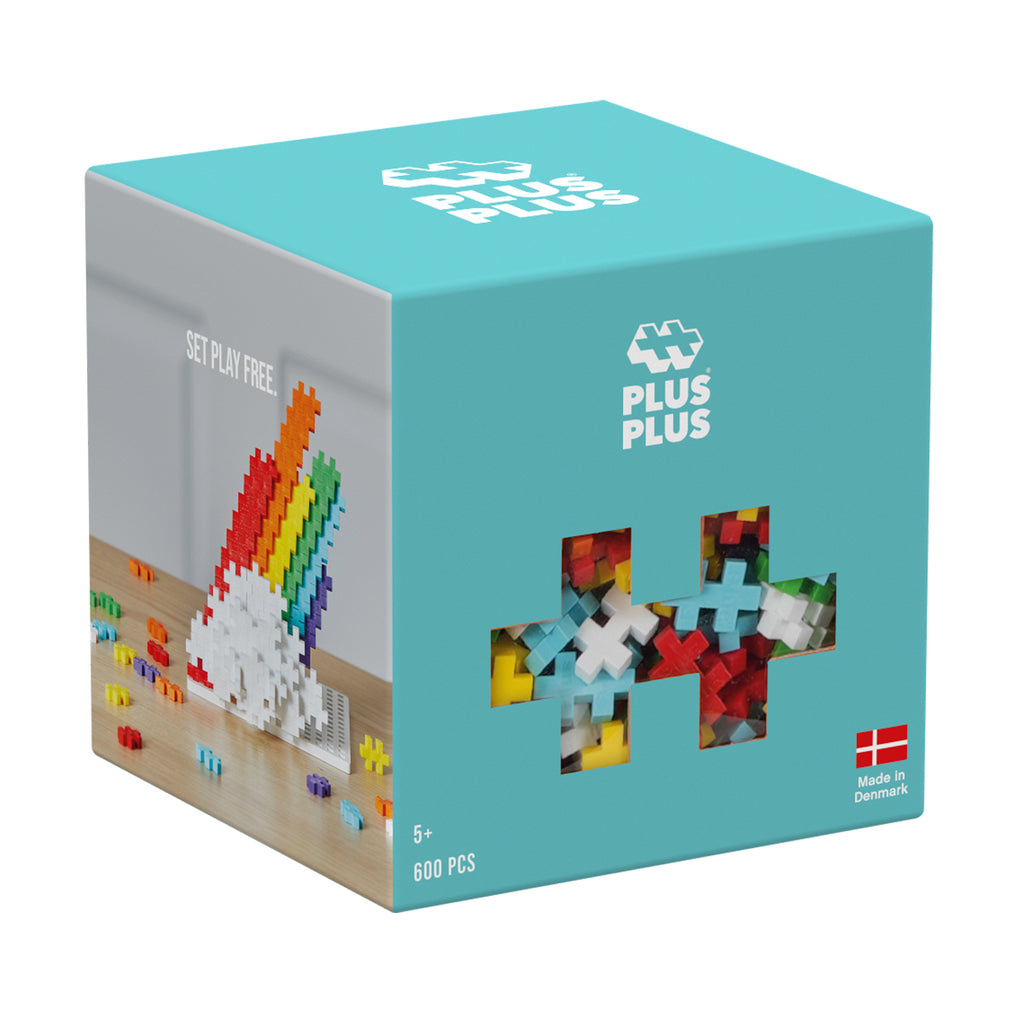 A bright, teal box of Plus-Plus Rainbow Mix 600-piece set with a colourful design.