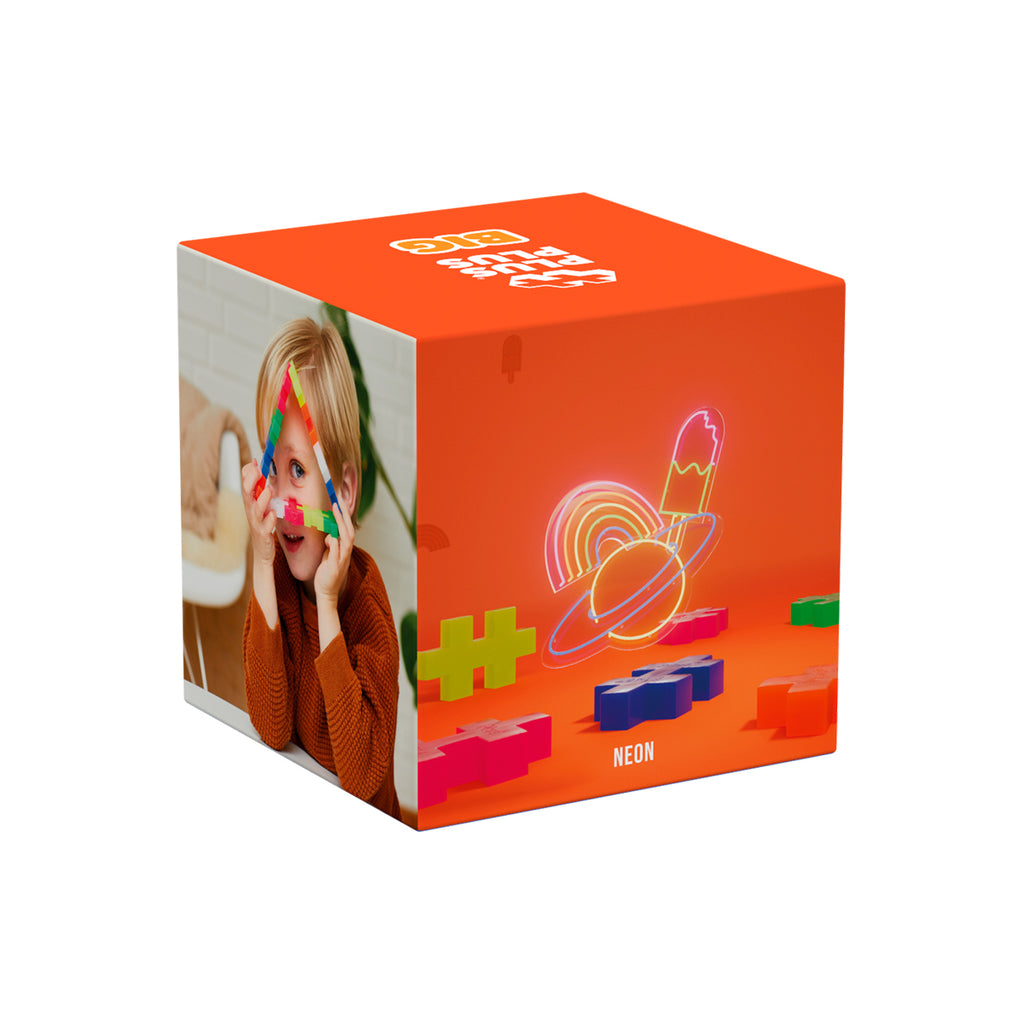 The back of the Plus-Plus BIG Neon box, featuring product details and an image of a child playing with the neon-coloured pieces.