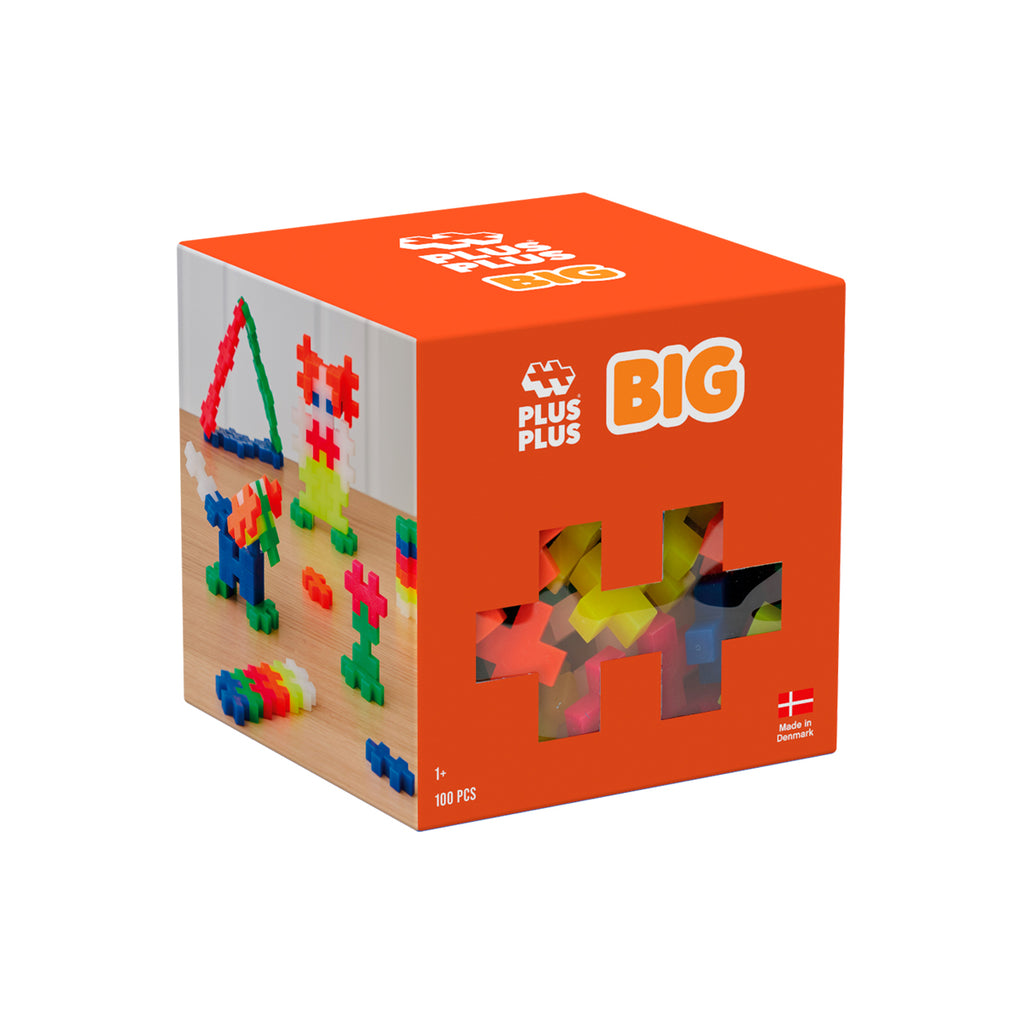 An orange box featuring the Plus-Plus BIG Neon set, with a neon-themed background and a clear window showing the pieces inside.