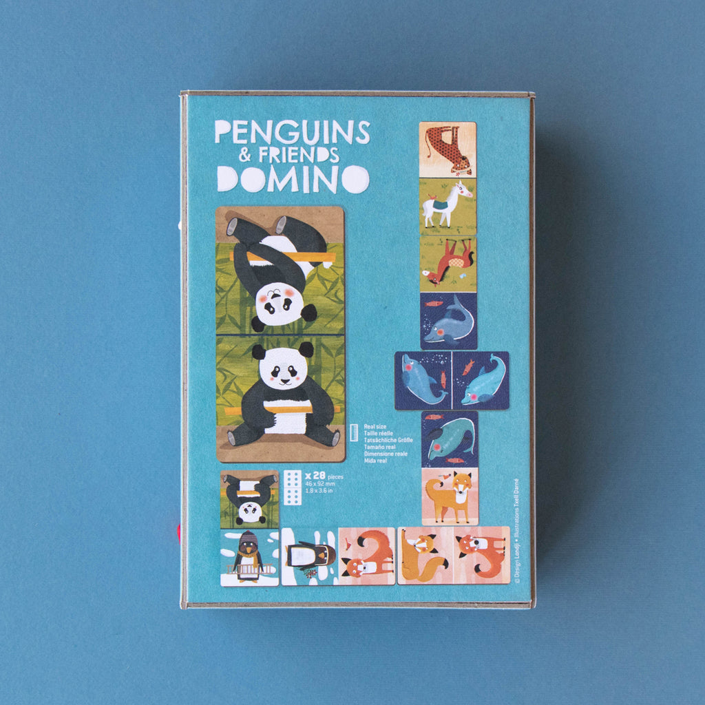 Back of the Londji Penguins & Friends Domino box – The back of the box showing the game title, illustrations of the domino pieces, and details about the game.