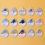 A selection of adorable chick illustrations hatching from eggs, arranged on a yellow background.