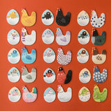 A collection of illustrated hen and chick pairs from the memory game, displayed on a red background.