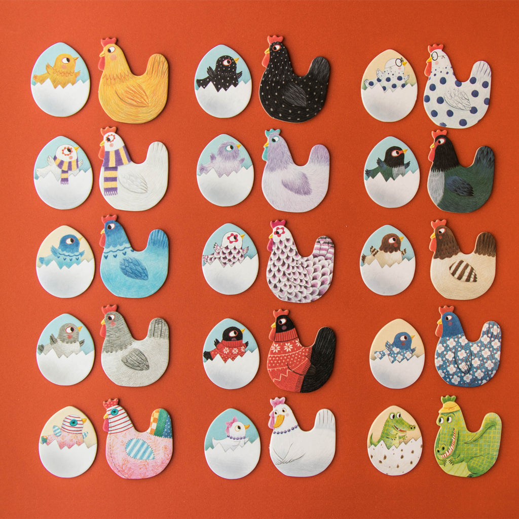 A collection of illustrated hen and chick pairs from the memory game, displayed on a red background.