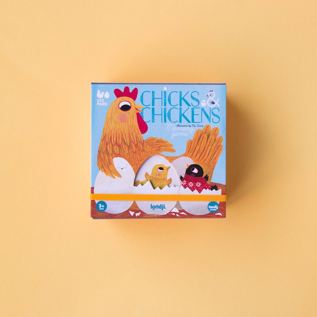  Chicks & Chickens memory game box with illustrated hens and chicks on a blue background.