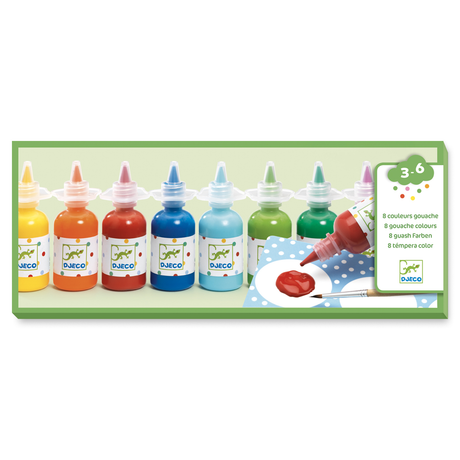 A set with eight bright, rich-coloured paints in easy-to-use bottles, ideal for children's creative projects and painting fun.