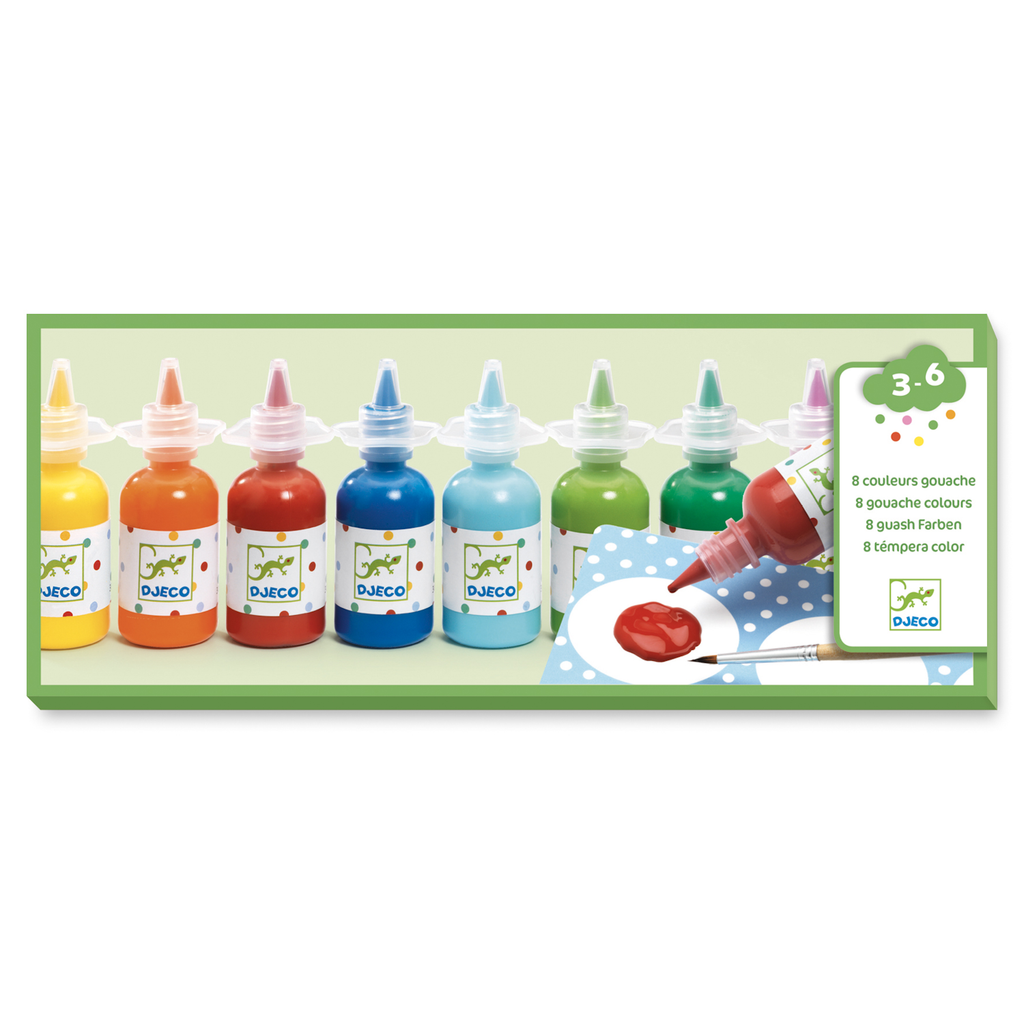 A set with eight bright, rich-coloured paints in easy-to-use bottles, ideal for children's creative projects and painting fun.