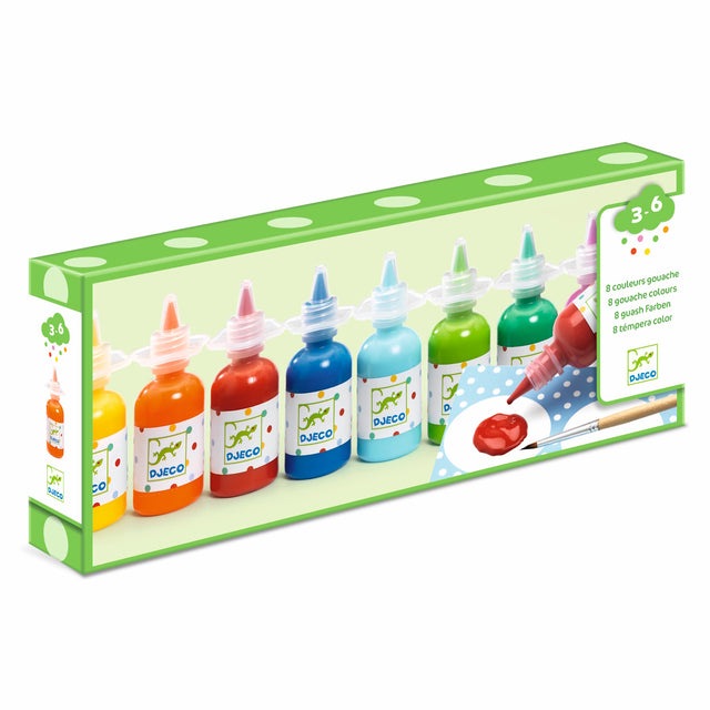 A set with eight bright, rich-coloured paints in easy-to-use bottles, ideal for children's creative projects and painting fun.