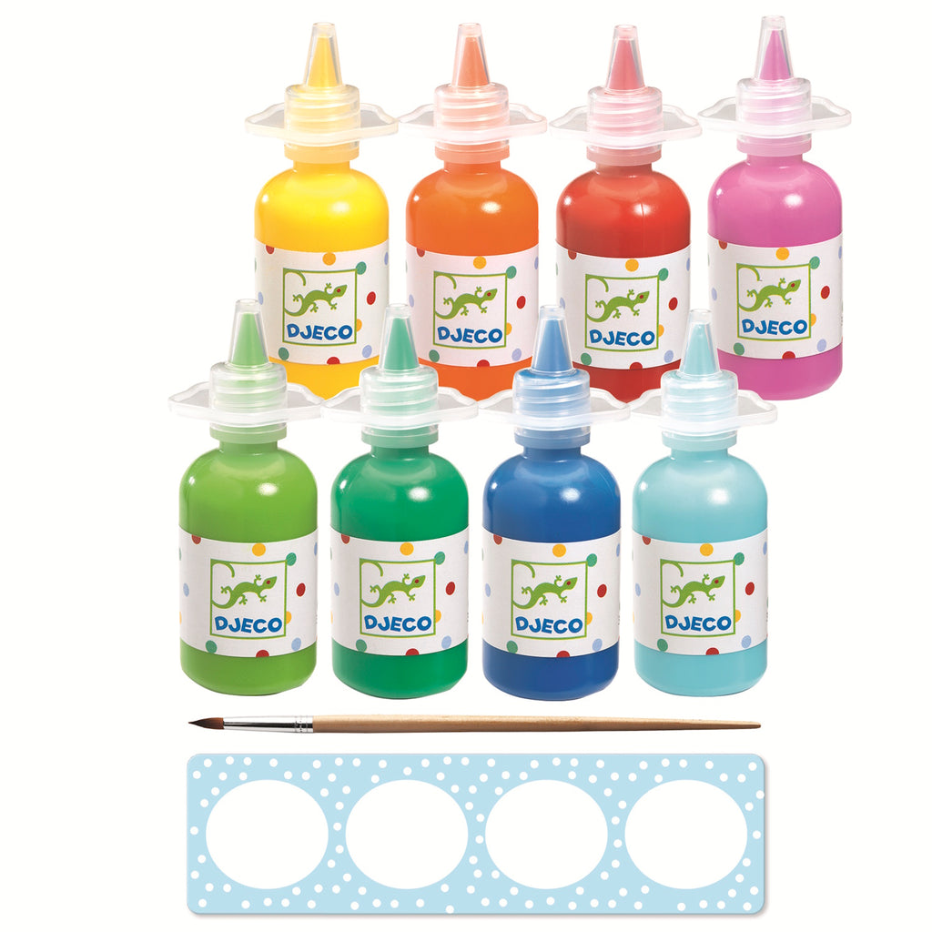 A set with eight bright, rich-coloured paints in easy-to-use bottles, ideal for children's creative projects and painting fun.